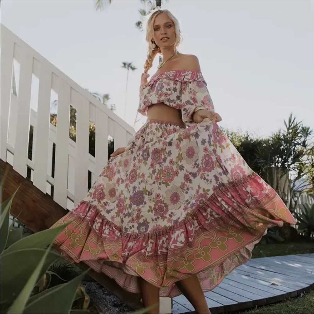 Boho Floral Gypsy Print Maxi Skirt Wild Bloom Pink - Picture 9 of 9
